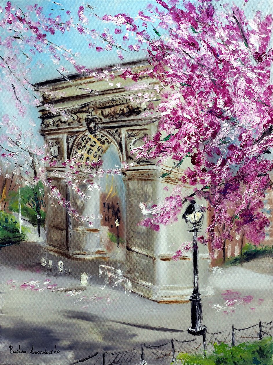 Cherry Blossoms at Washington Square Park New York, 2022 (olie på lærred) af Ruslana Levandovska