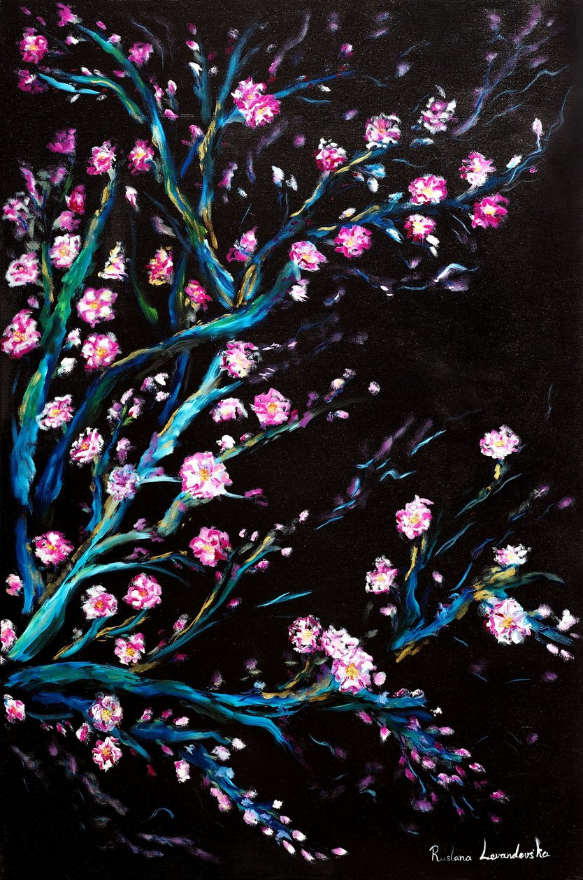 Kirsebærblomster i sort, 2024 (olie på lærred) af Ruslana Levandovska