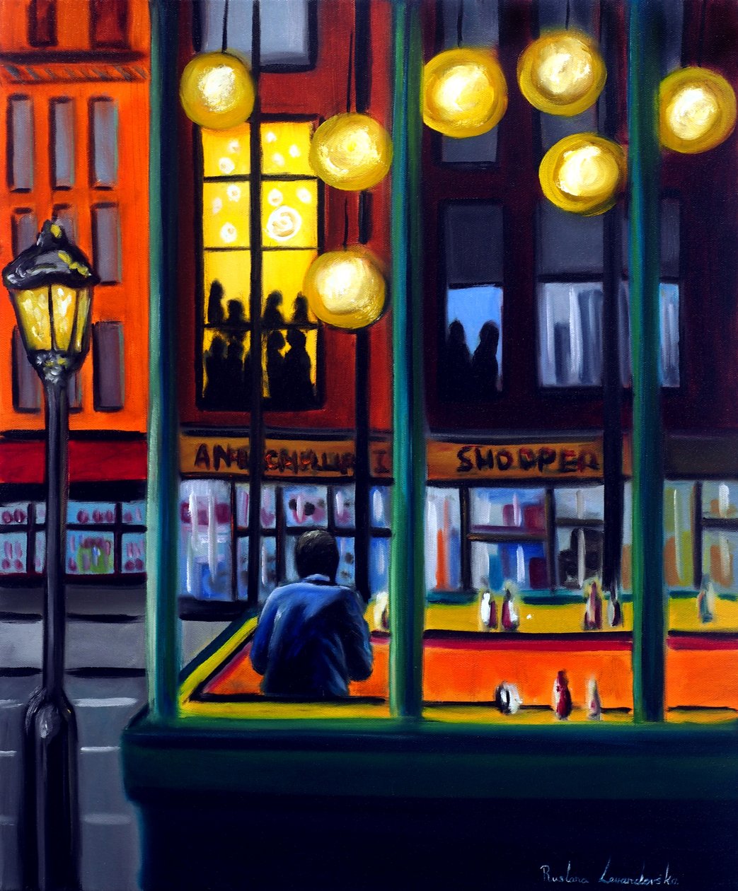 Nightfall Cafe, 2025 (olie på lærred) af Ruslana Levandovska