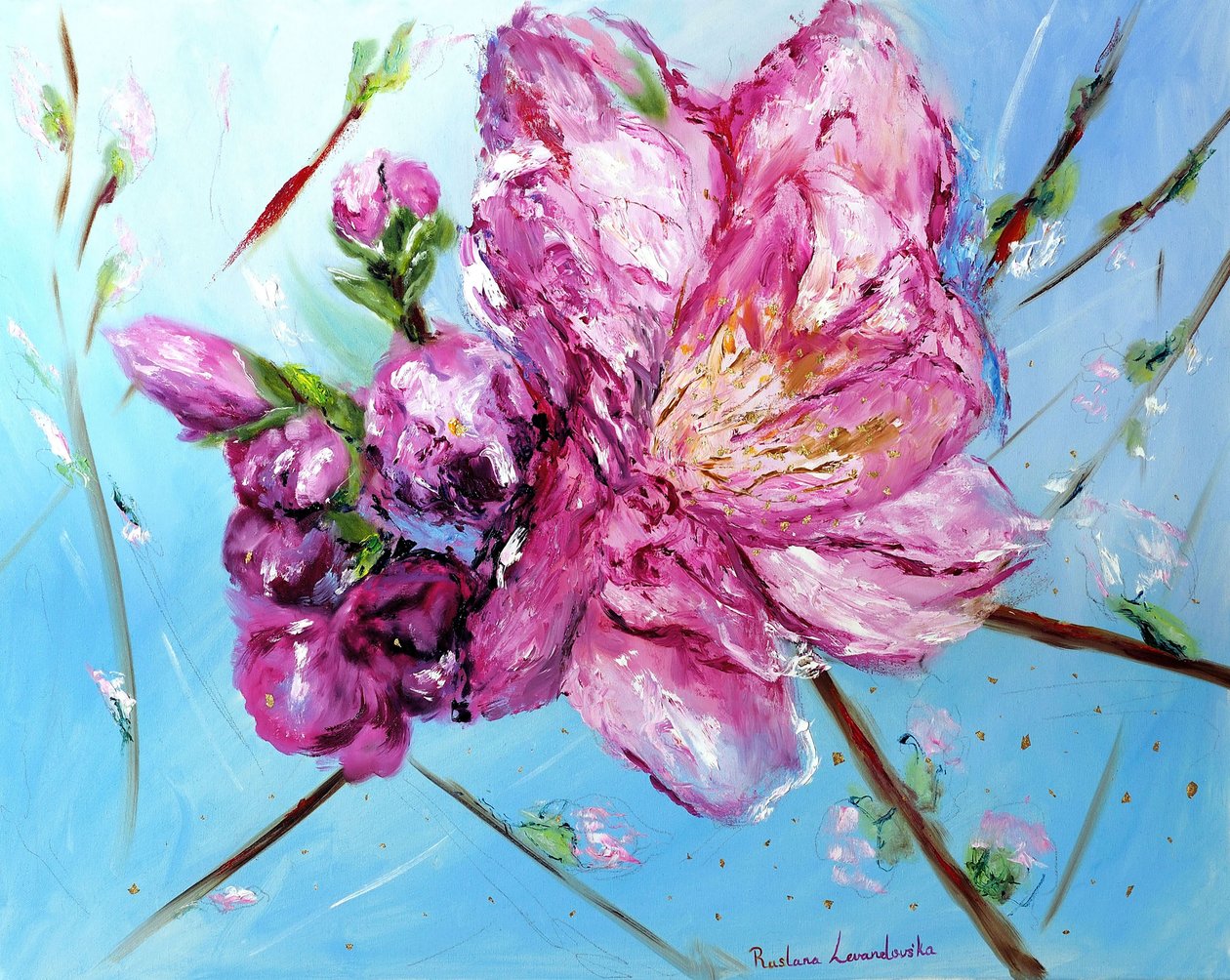 Pink Cherry Blossoms, med guldudsmykning, 2023 (olie på lærred) af Ruslana Levandovska