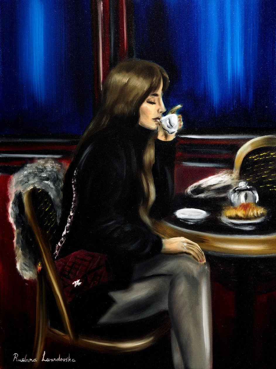 Kvinde på en café i Paris II, 2024 (olie på lærred) af Ruslana Levandovska