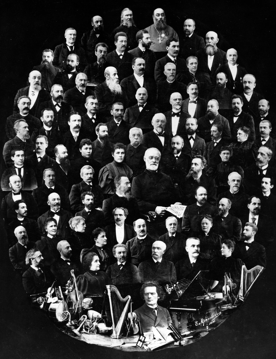 En montage af portrætter af lærere på konservatoriet i Skt. Petersborg, Ruslands ældste musikakademi, 1896 af Russian Photographer