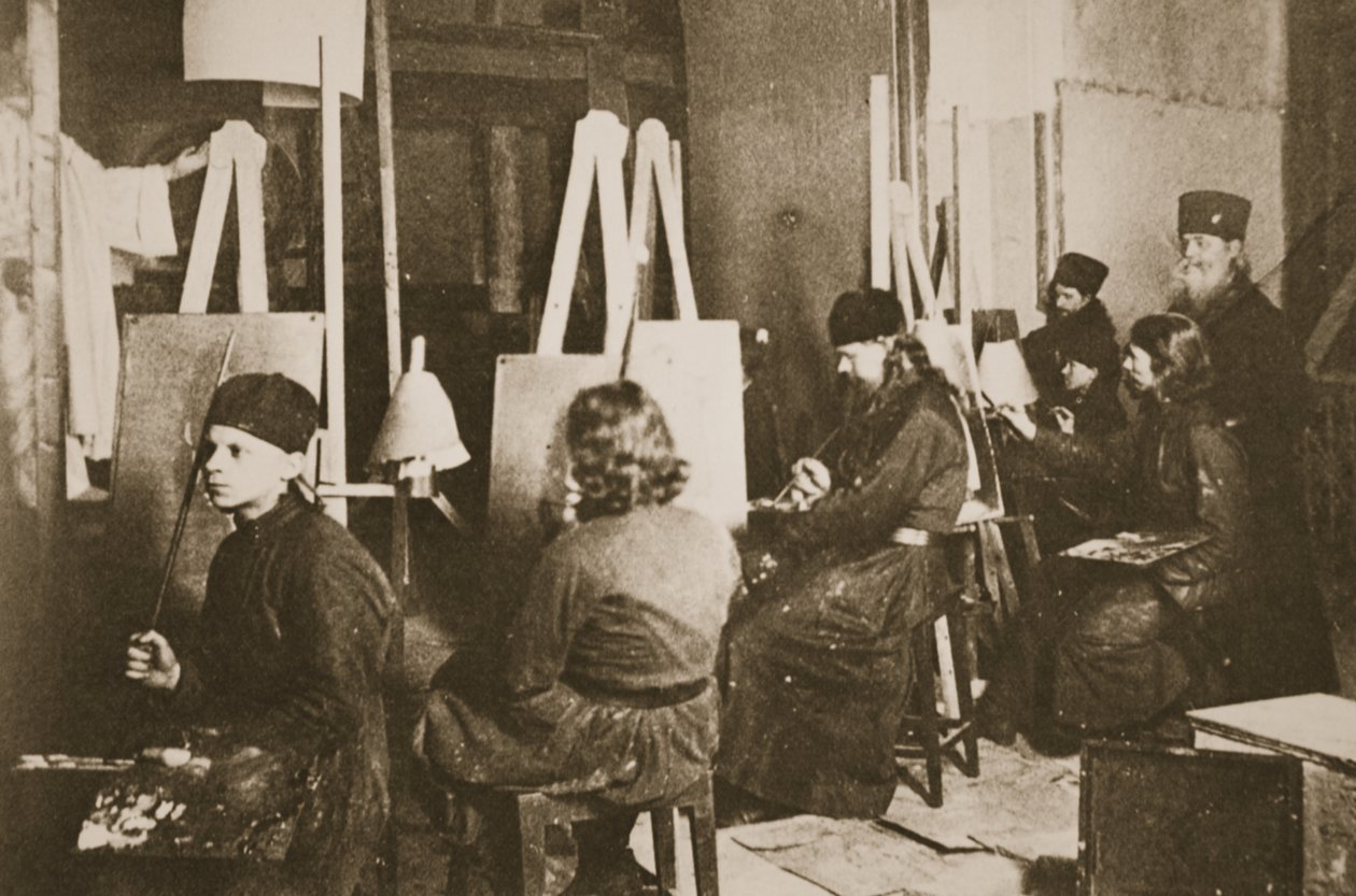 Ikonmaleri ved Valamo-klosteret ved Ladoga-søen, ca. 1885 (sepia-billede) af Russian Photographer