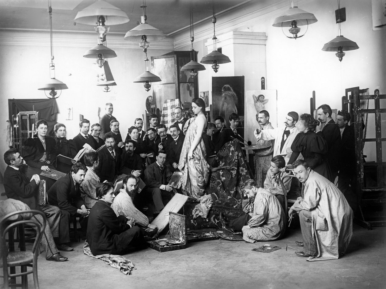 Ilya Repin underviste i en livsklasse på Imperial Academy, St. Petersburg, 1898 af Russian Photographer