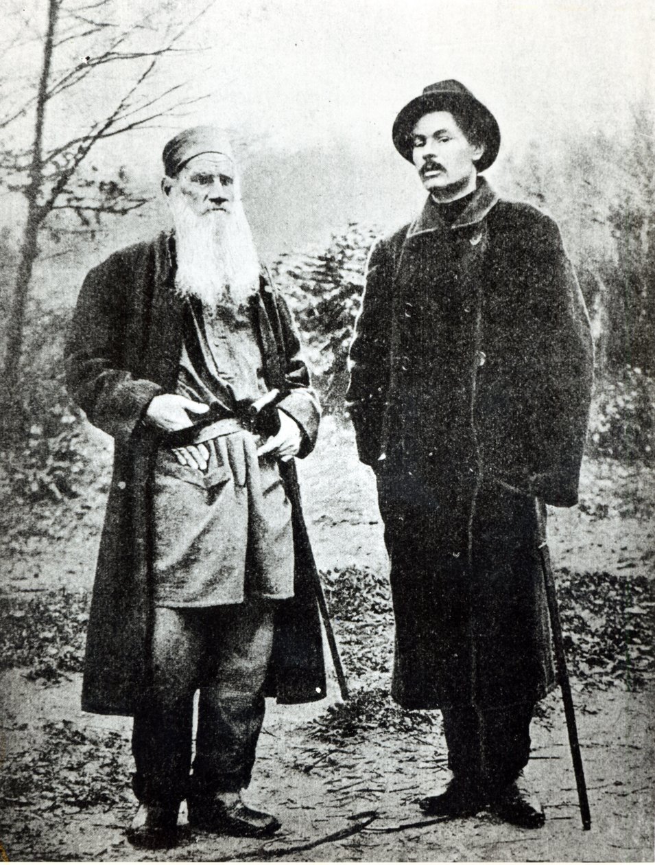 Maxim Gorky (Alexey Maksimovich Peshkov) hængende Leo Tolstoy ved Yasnaya Polyana i 1900 af Russian Photographer