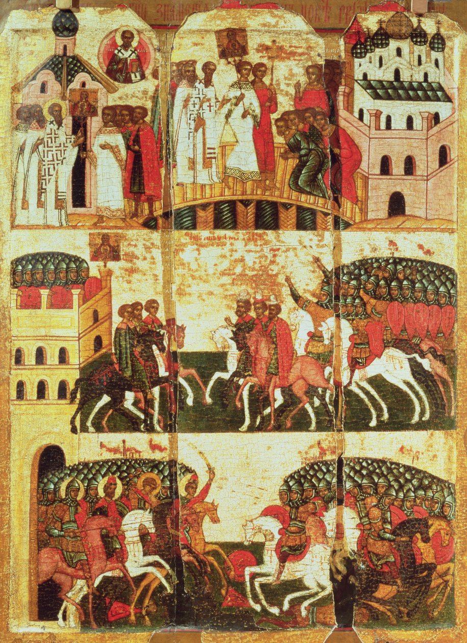 Kamp mellem novgorodianerne og suzdalianerne (tempera på panelet) af Russian School