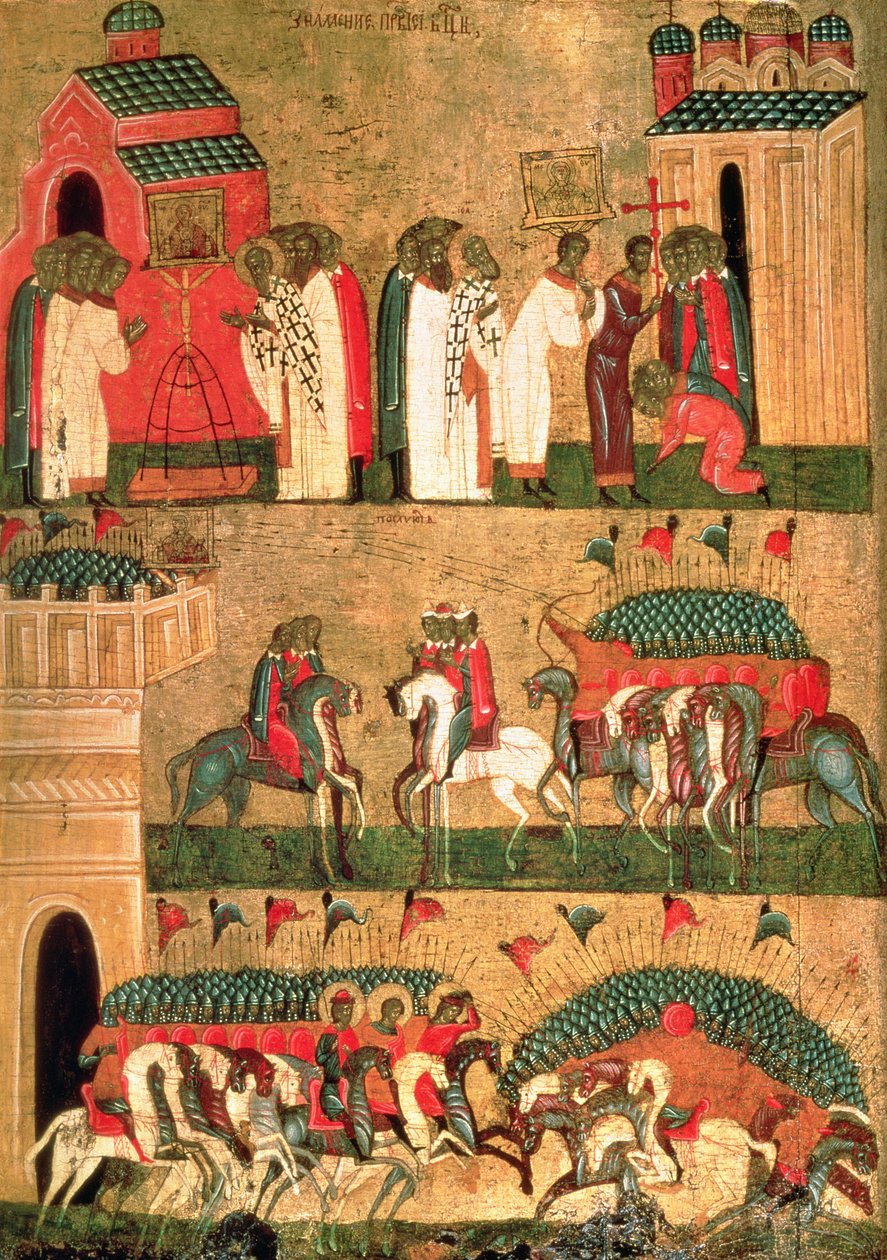 Slaget om Novgorodianerne med Suzdalianerne, Novgorod Skole, midten af det 15. århundrede (tempera og guld på panel) af Russian School