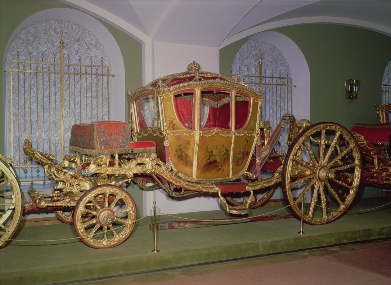 Berlin vogn af kejserinde Catherine II, træ, præget bronze, udskæring og forgyldning på gesso-grund, malede paneler, Skt. Petersborg, 1769 af Russian School