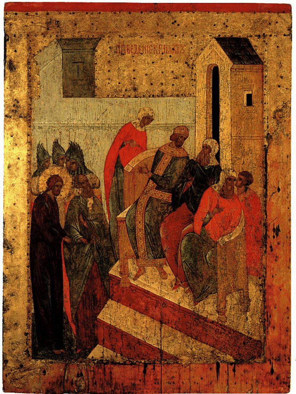 Kristus foran Pilatus, ca.1497 (tempera og bladguld på panel) af Russian School