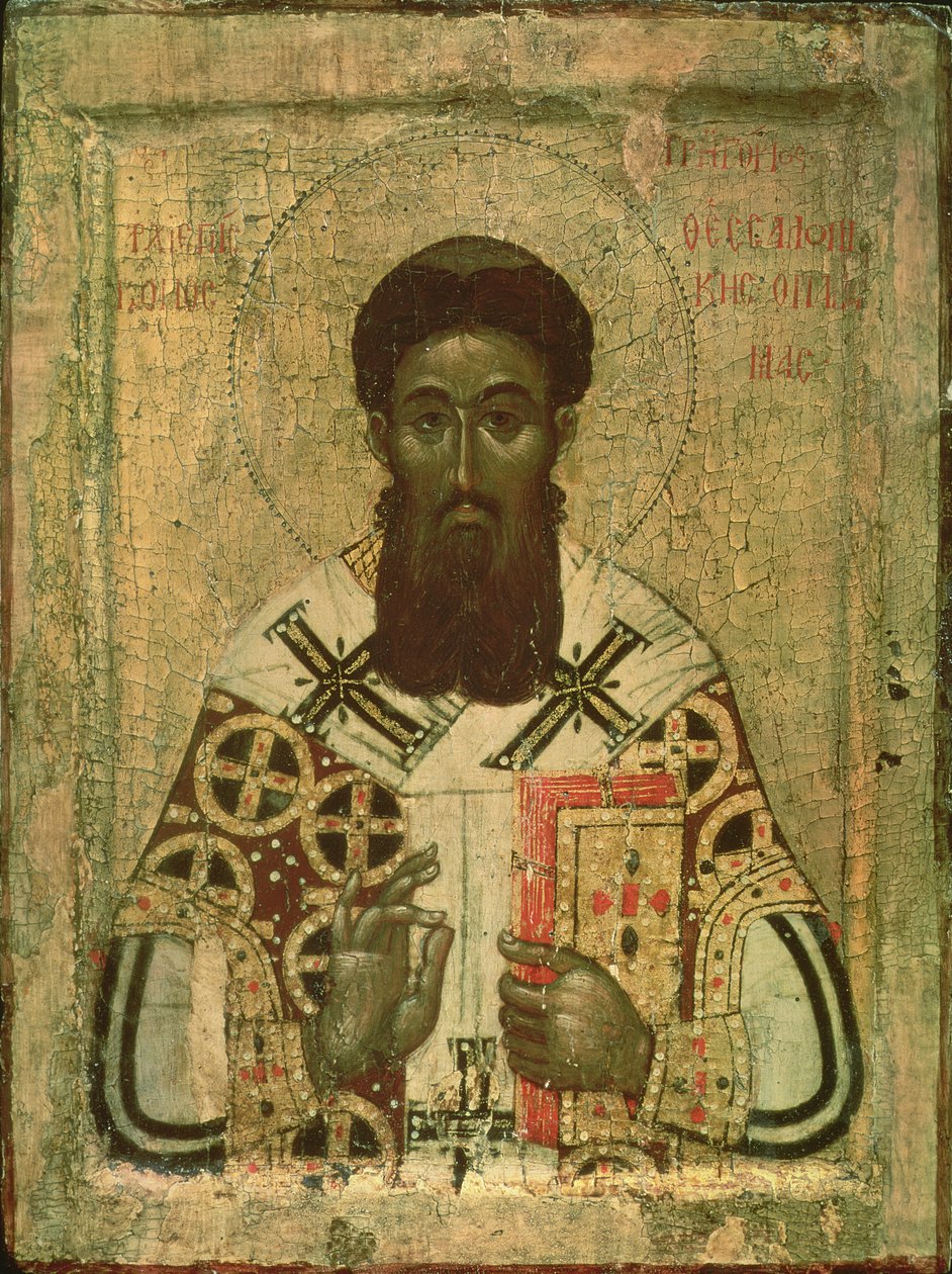 Ikon af Skt. Gregor (335-390) Ærkebiskop af Thessaloniki (tempera på papel) af Russian School