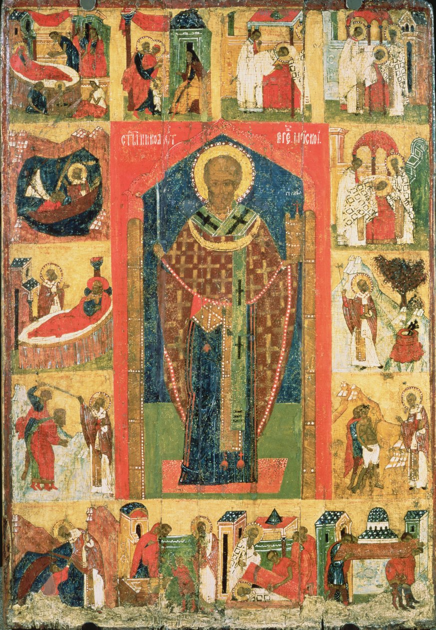 Skt. Nicholas af Moshajsk med scener fra hans liv (tempera på panel) af Russian School