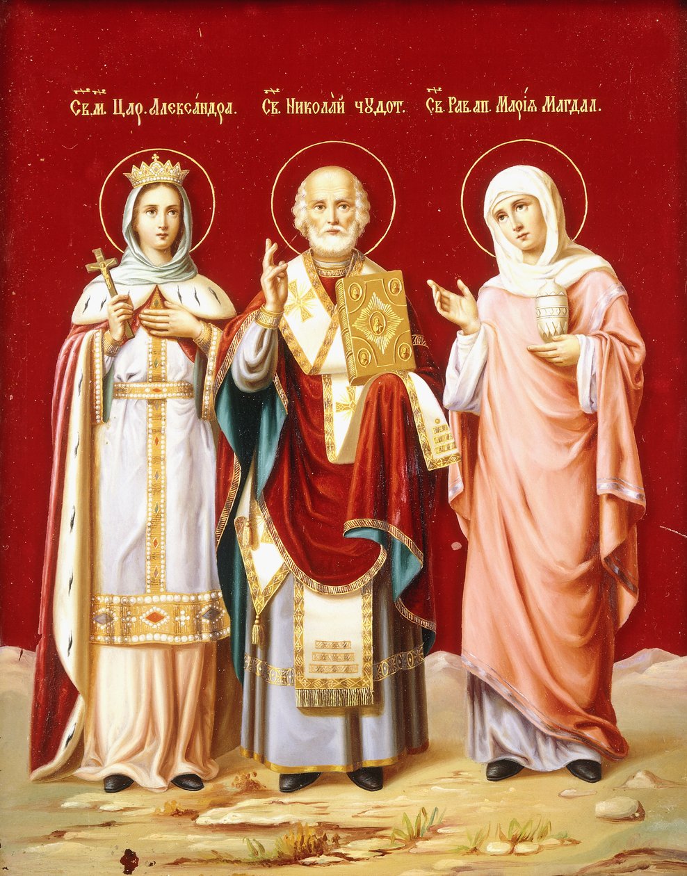 Et ikon malet på glas forestillende Sankt Nikolaus, Sankt Alexandra og Maria Magdalena, ca. 1900 af Russian School