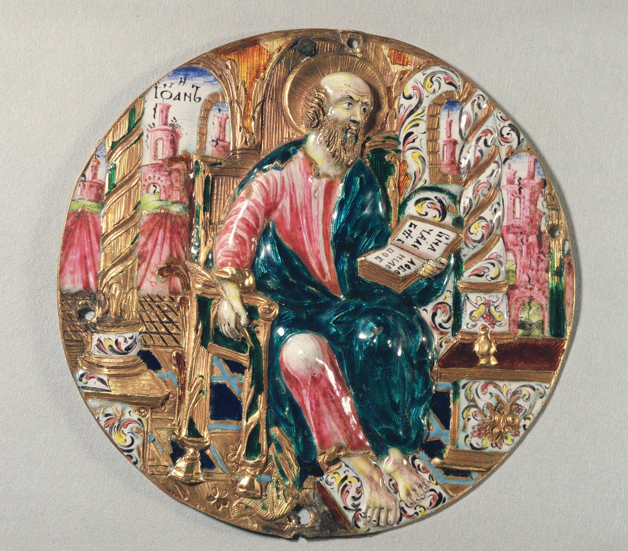 Forgyldt og emaljeplade, der viser Evangelisten Johannes, værksted i Kreml i Moskva, 1600-tallet (guld og emalje) af Russian School