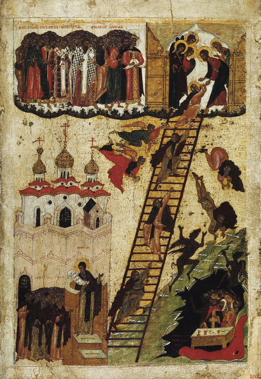 Himmelske stige af St. John Climacus (tempera på panel) af Russian School