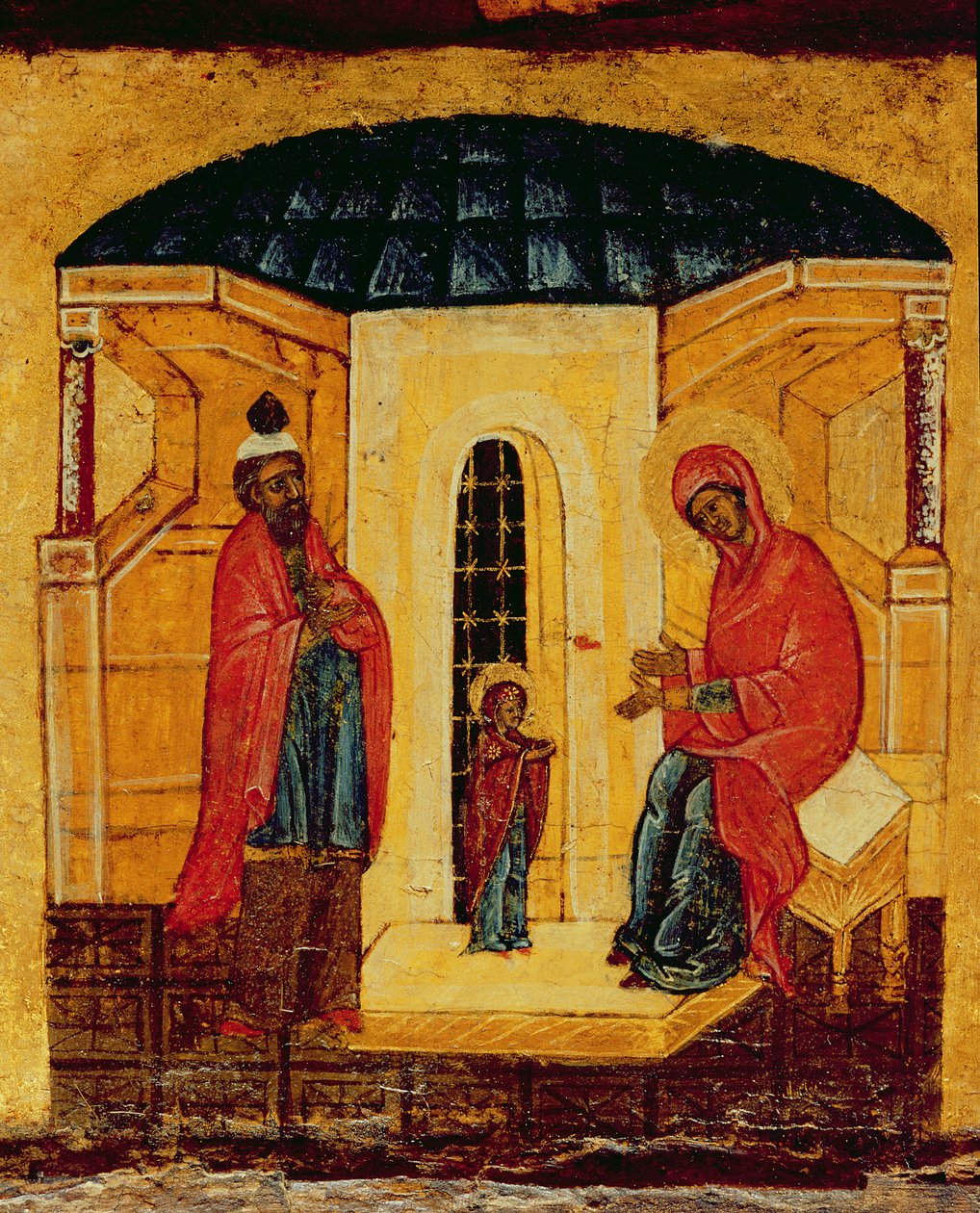 Ikon, der forestiller Jesus i templet, ca. 1550 (tempera & bladguld på panel) (detalje af 314500) af Russian School