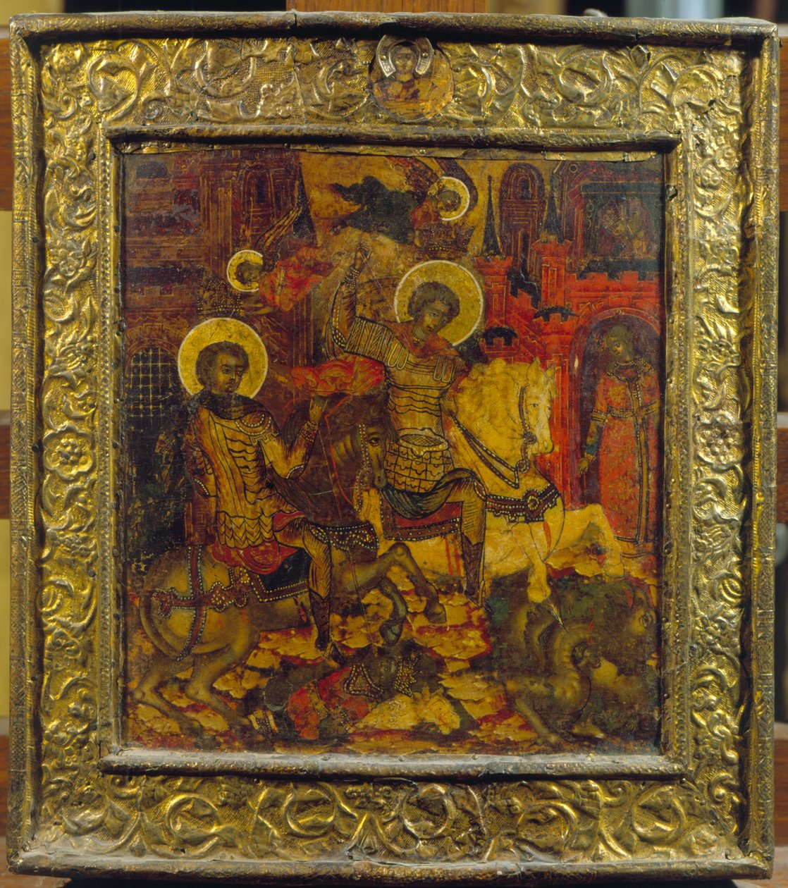 Ikon, der forestiller St. George og St. Demetrius, ca. 1676 (tempera på panel) af Russian School