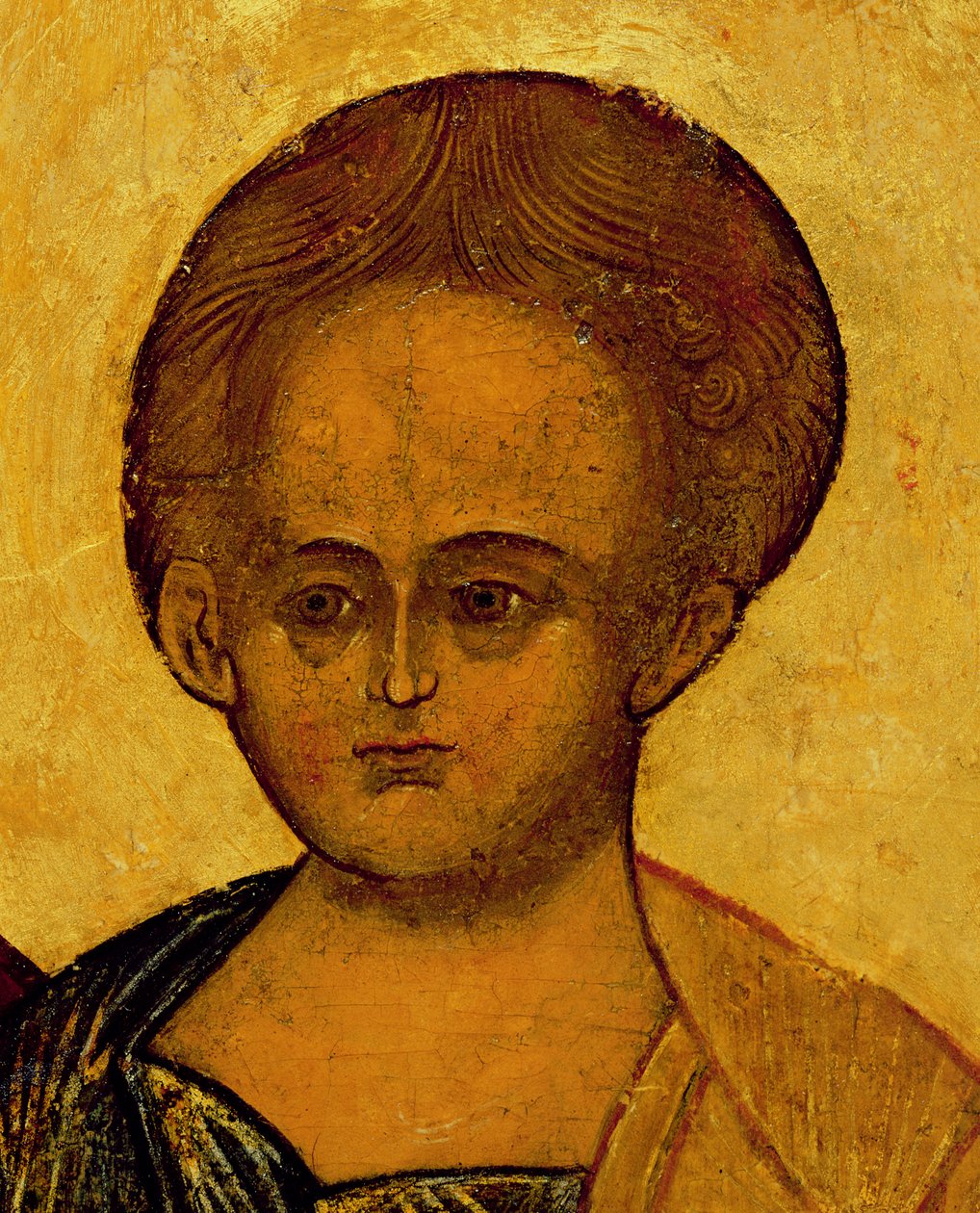 Ikon, der forestiller Kristi Hoved, ca. 1550 (tempera & bladguld på panel) (detalje af 314500) af Russian School