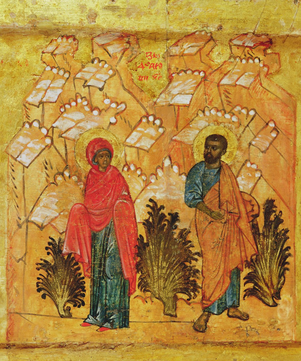 Ikon, der forestiller Jomfru Maria og Josef, ca. 1550 (tempera & bladguld på panel) (detalje af 314500) af Russian School