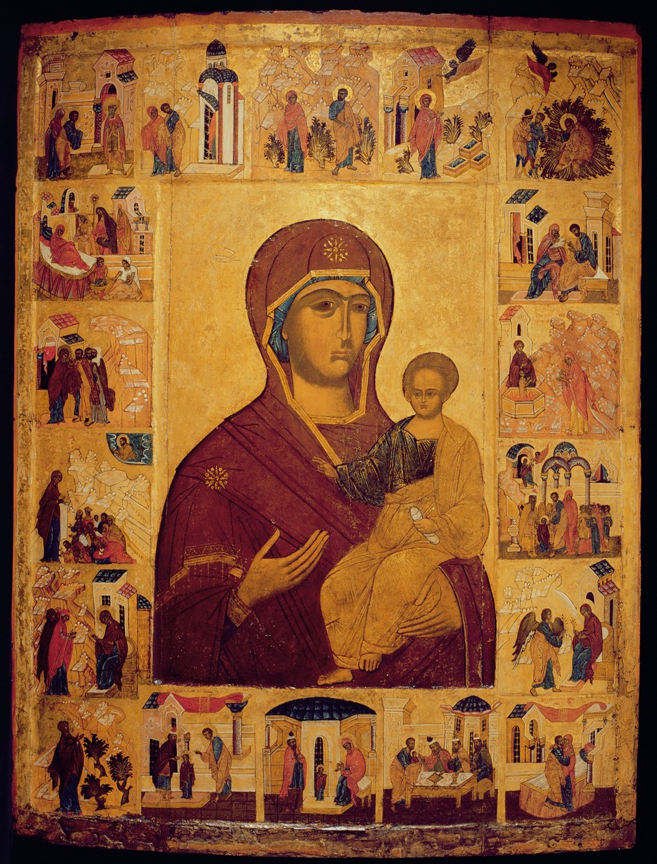 Ikon, der forestiller jomfruen og barnet (tempera og bladguld på panelet) af Russian School