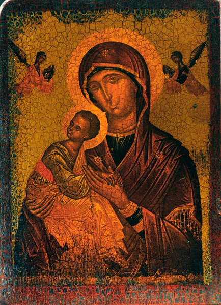 Madonna og barn (olie på træpanel) af Russian School