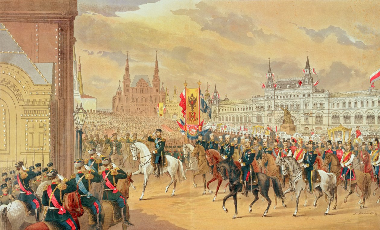 Ægteskab mellem zar Nicholas II og Alexandra, Moskva, 1896 af Russian School