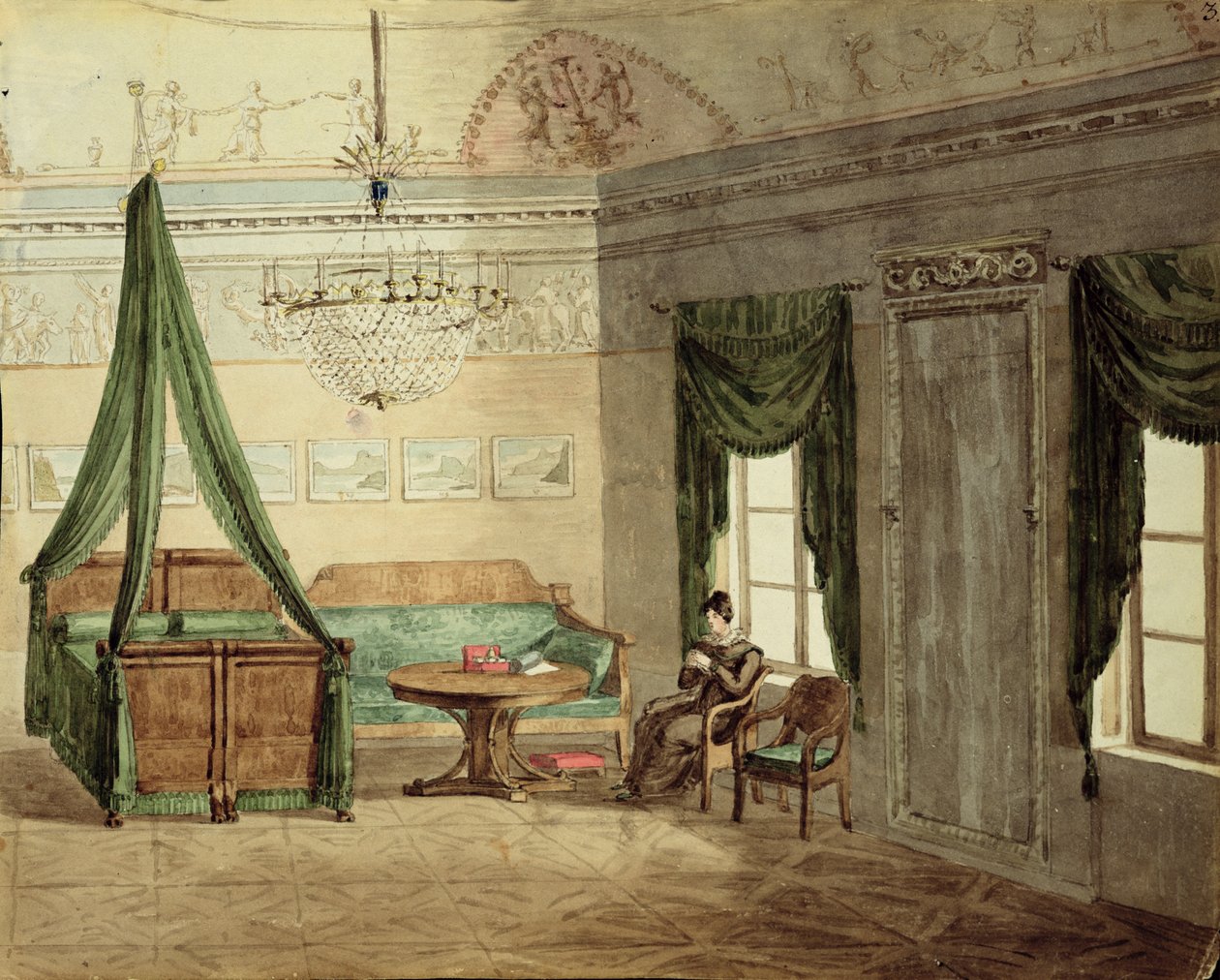 Neo-klassisk sengekammer, 1819 (wc på papir) af Russian School