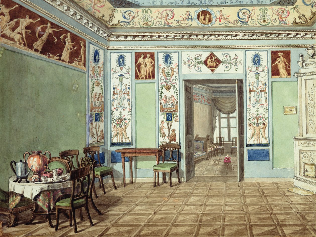 Neo-klassisk etruskisk morgenmadslokale, 1820 (wc på papir) af Russian School