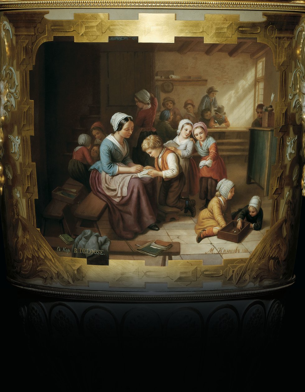 Malet detalje fra en Alexander II to-grebet porcelæn og bladguld vase, der viser en skolestue scene efter B, 1866 af Russian School