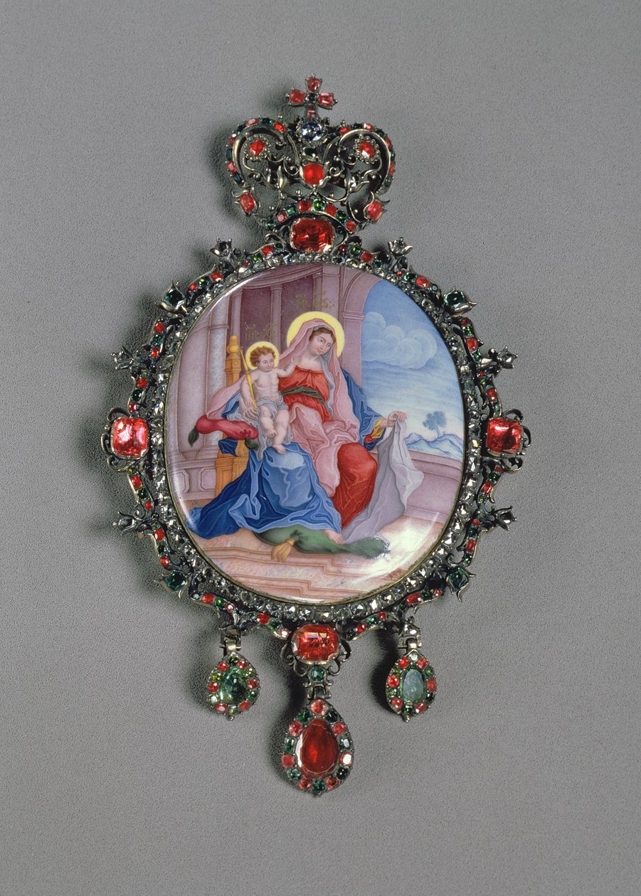 Panagia med miniature af Madonna og barn (malet emalje og præget sølv sæt med juveler) af Russian School