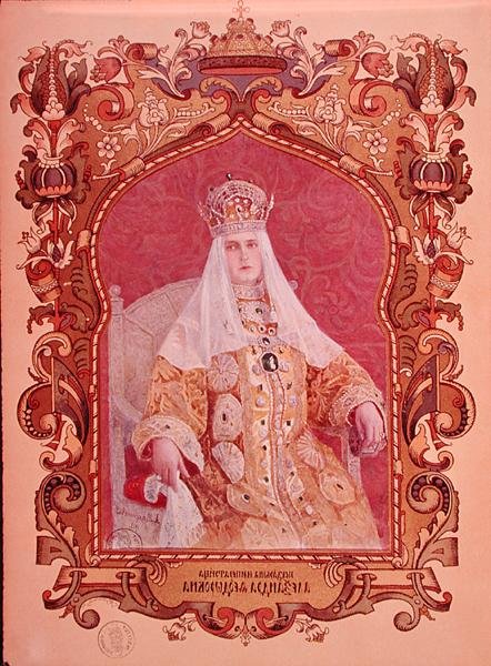 Portræt af tsarina Alexandra Feodorovna (1872-1918) i traditionel kroningsdragt, ca. 1894 (se også 173581) af Russian School