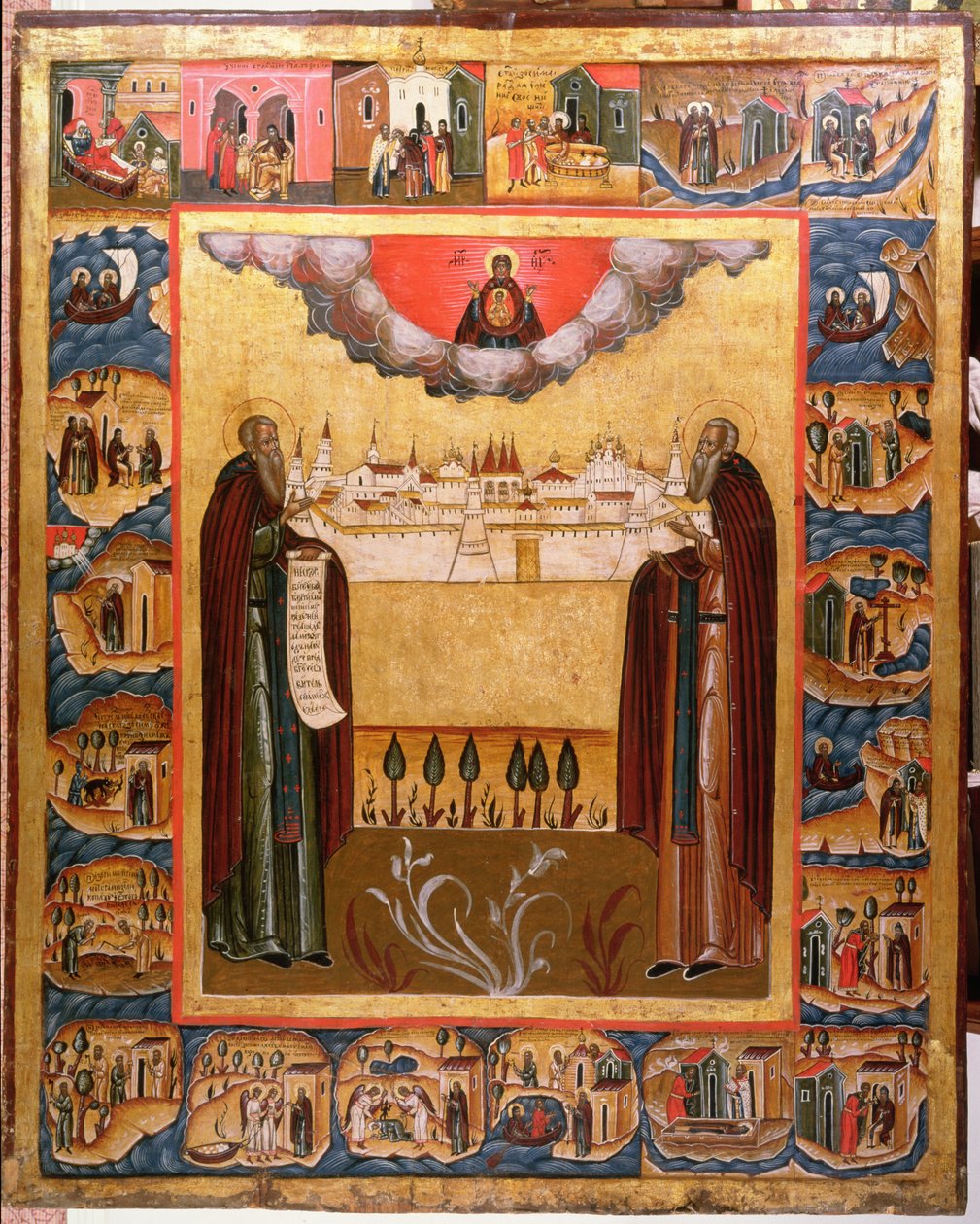 De hellige Zosimus og Sabbatheus af Solovetsk med scener fra deres liv, 1700-tallet (tempera på panel) af Russian School