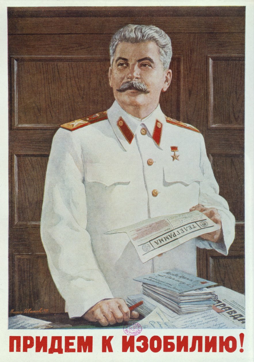 Sovjetisk plakat af Stalin, der læser et telegram, 1949 af Russian School