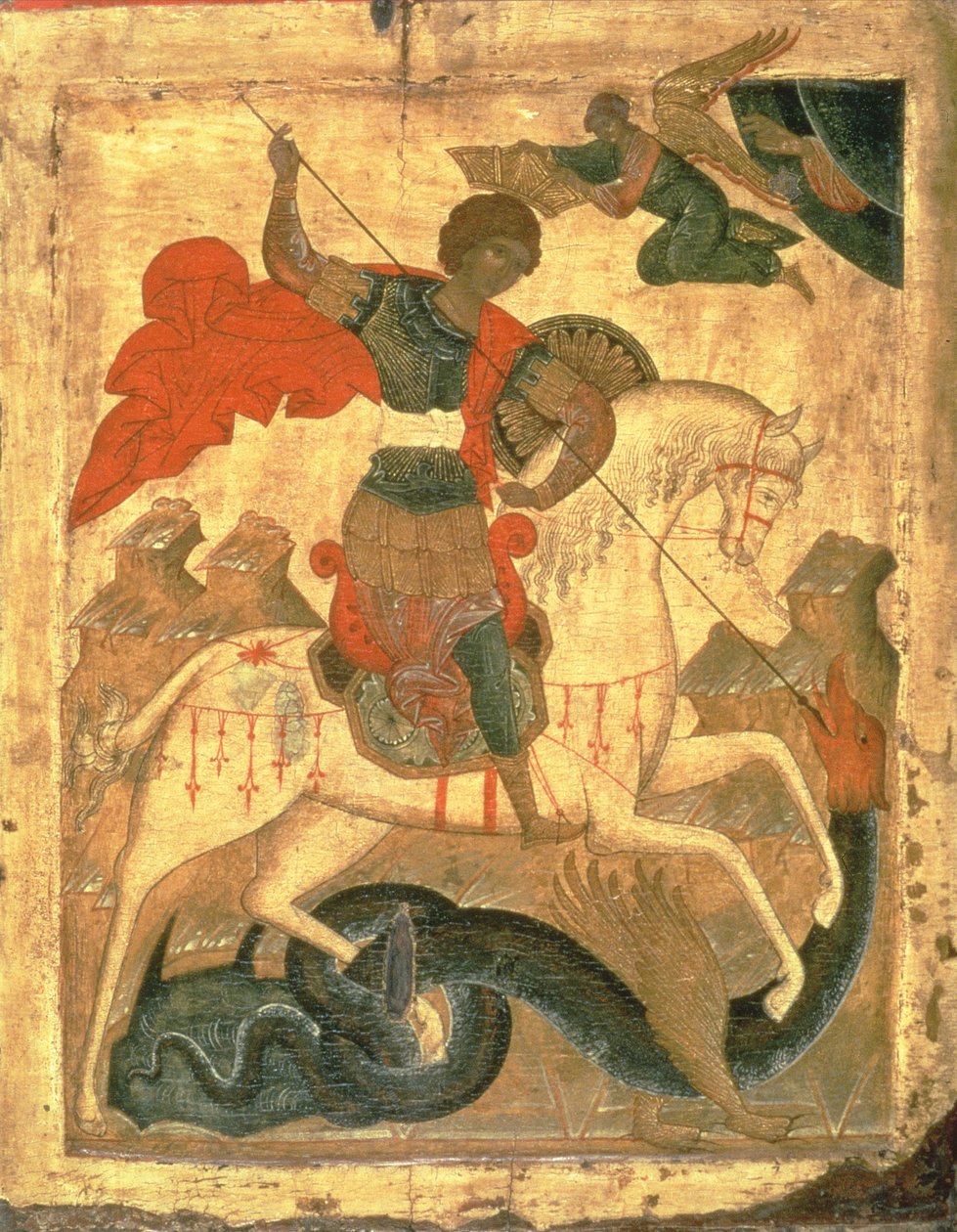 St. George and the Dragon (tempera på stof, gesso og træ) af Russian School