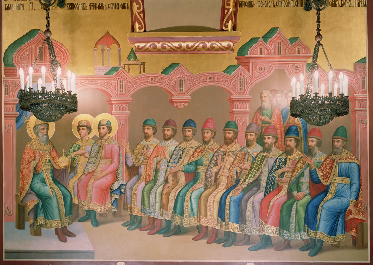 St. Vladimir, storhertug af Kiev og hans sønner, vægmaleri af Palekh-mestre i det facetterede kammer, 1882 (vægmaleri) af Russian School