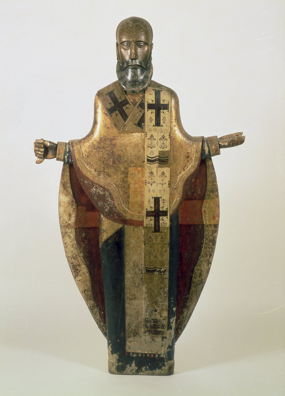 Statue af St. Nicholas af Mozhaisk, russisk, slutningen af det 16. århundrede (træ, ornamenteret brokade, gesso, tempera) af Russian School