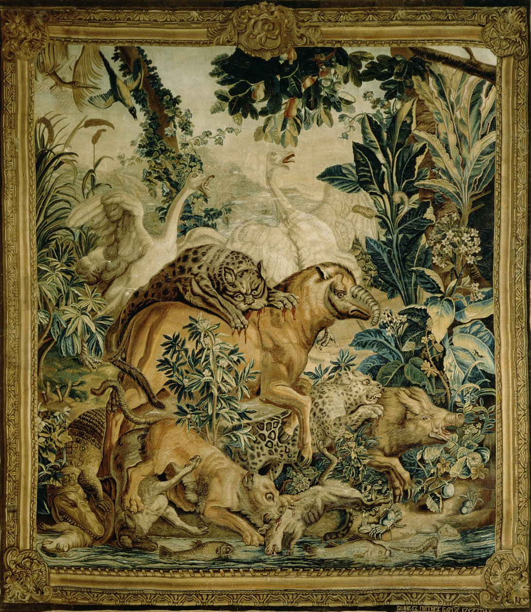 Tapestry, der forestiller vilde dyr, der kæmper ved et vandhul, kopi fra Indian Carpet-serien designet af D. Deport, 1757 og lavet af St. Petersburg Tapestry Factory (tekstil) af Russian School