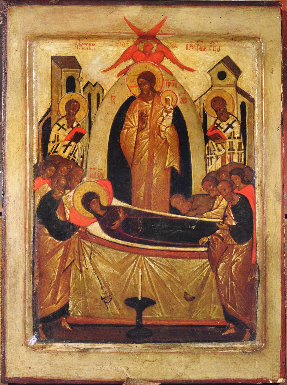 The Dormition of the Virgin (tempera og bladguld på panel) af Russian School