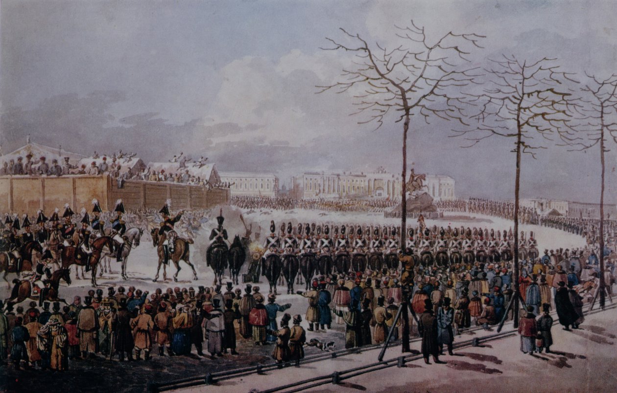 Decembristernes opstand på Senatspladsen, St. Petersborg den 14. december 1825 (wc på papir) af Russian School