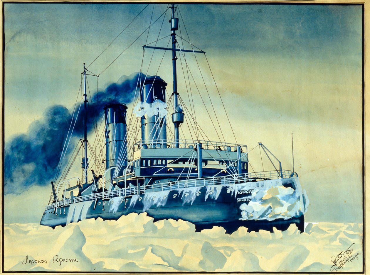 Krasin-isbrisen mellem isblokkene i Barentshavet (Det Arktiske Ocean) af Russian School