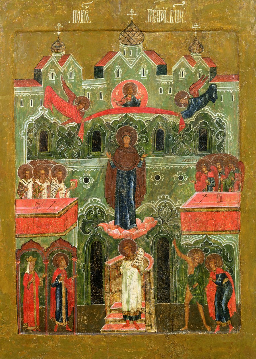 Pokrov (Guds Moders forbøn) (tempera på panel) af Russian School