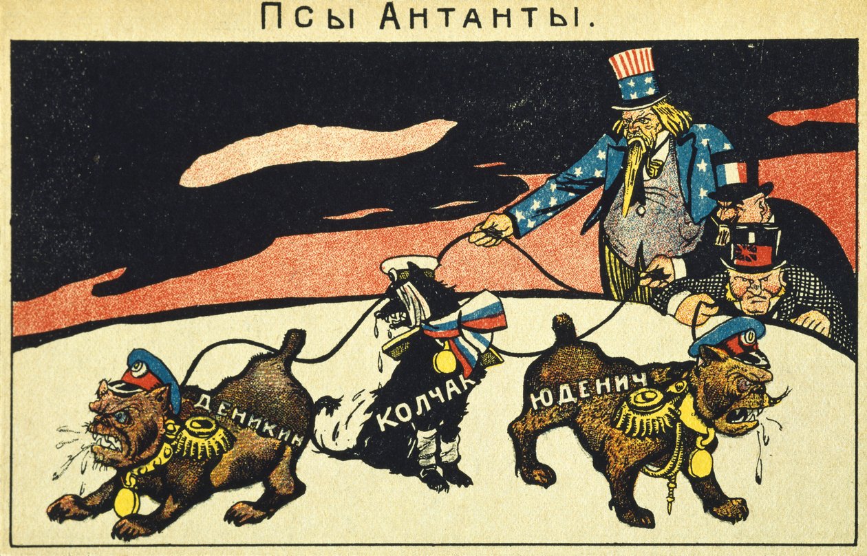 Kapitalisterne slipper deres hunde løs, bolsjevikisk propagandamanifest, Den Russiske Revolution, Rusland, 20. århundrede (radering) af Russian School