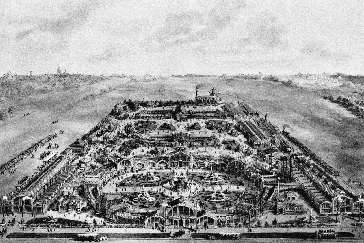 Udsigt over den all-russiske udstilling i 1882, Khodynka, Moskva, Rusland af Russian School