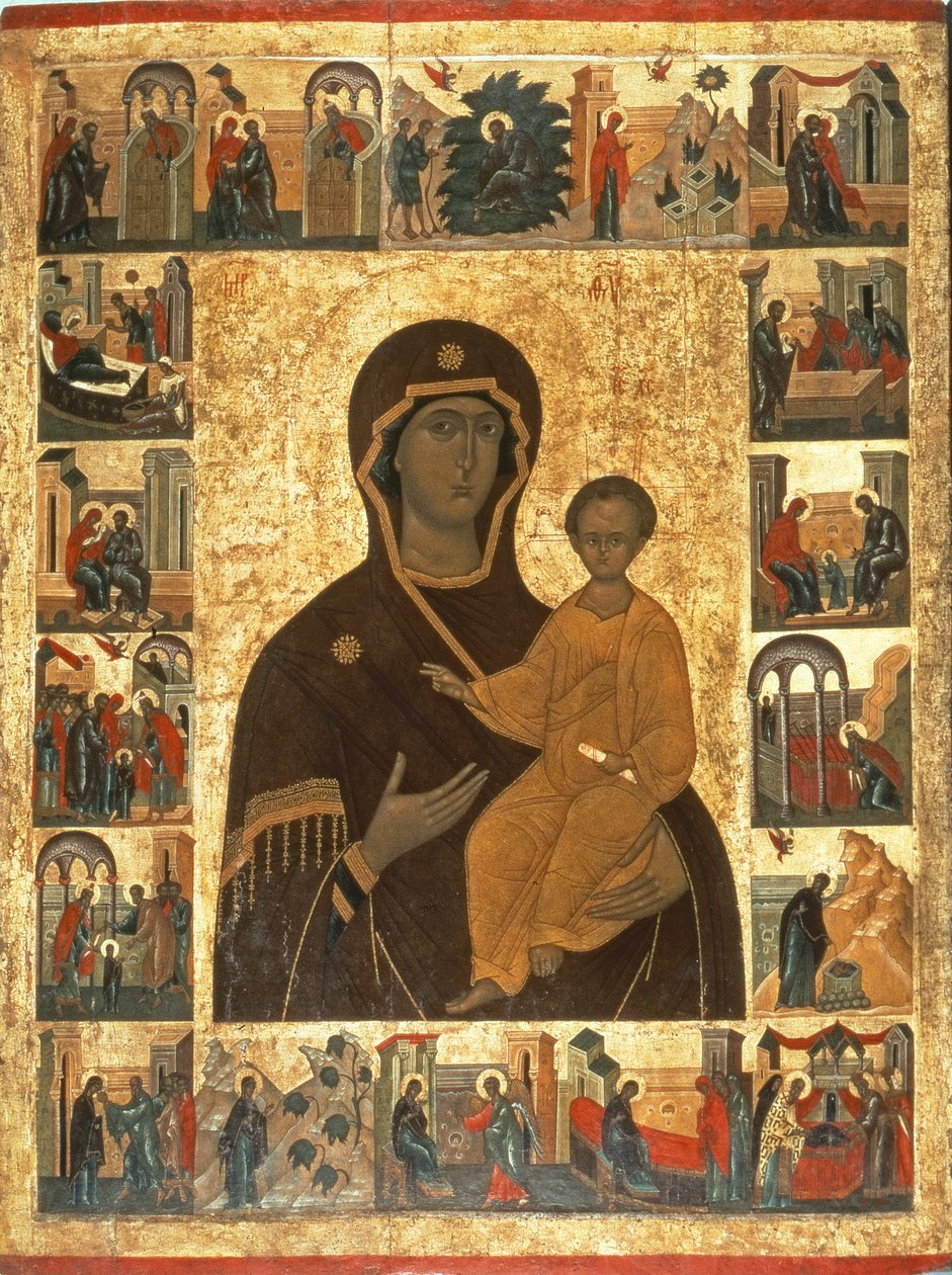 Virgin Hodegetria Icon of Smolensk, ca. 1450 (tempera på stof, gesso og træ) af Russian School