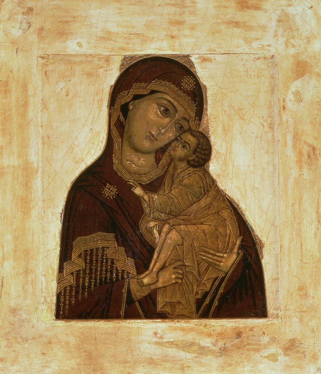 Virgin of the Don omfavner velsignelsen Kristusbarn, russisk ikon, 1600-tallet (panel) af Russian School