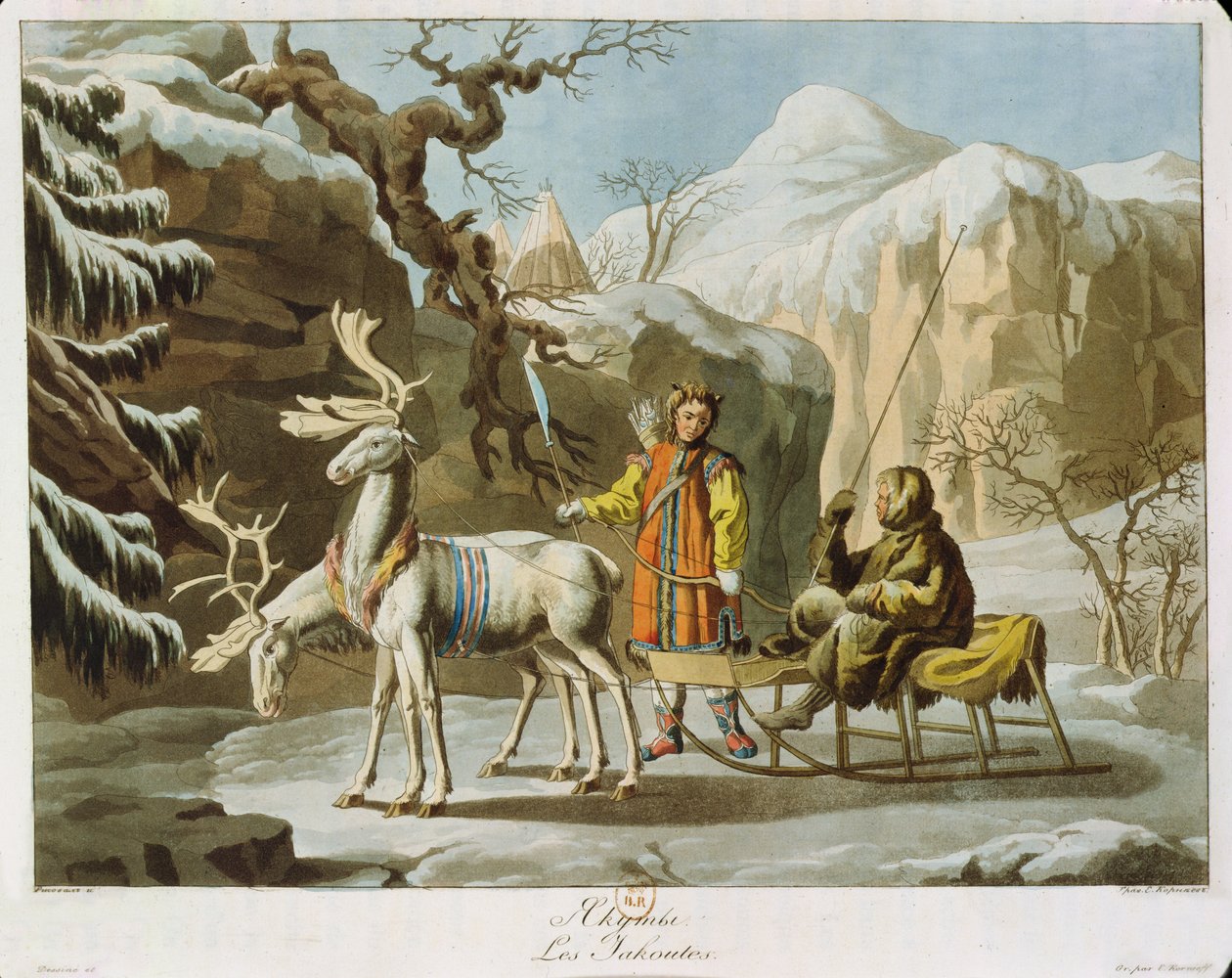 Yakuter i det centrale Sibirien i vinterlandskab, klædt i pelse og med en rensdyrslæde, udgivet 1813 (akvatint) af Russian School