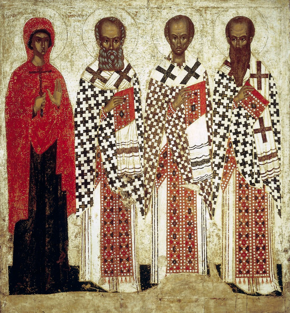 Paraskeva Pyatnitsa, Gregory the Theologian, John Chrysostom and Basil the Great, begyndelsen af det 15. århundrede af Russian icon.