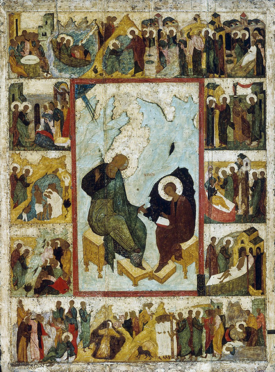 Sankt Johannes evangelisten på Patmos med scener fra hans liv, begyndelsen af det 16. århundrede. af Russian icon.