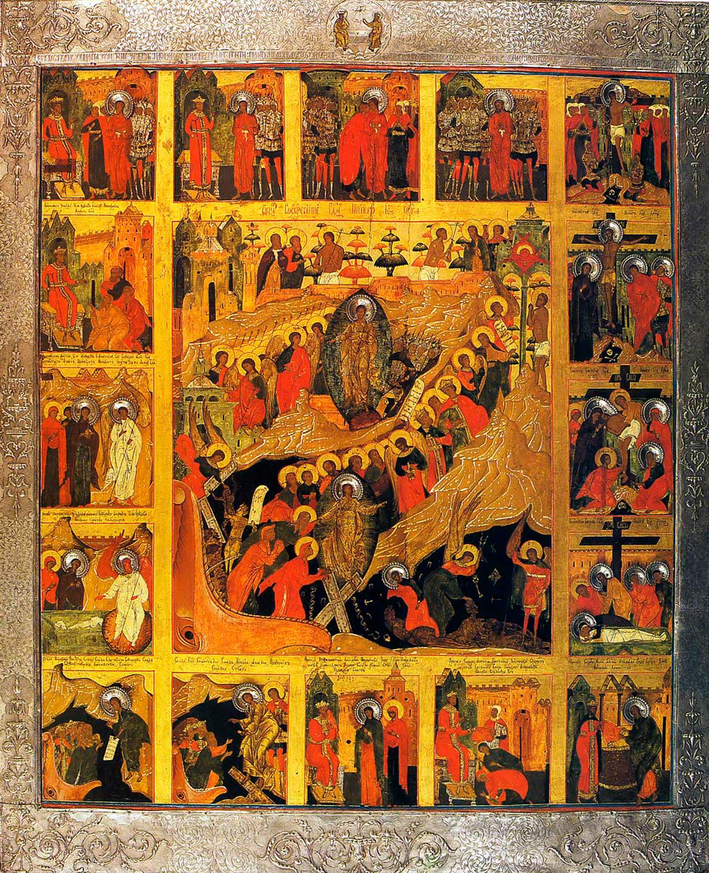 Nedstigningen til helvede med scenerne fra Kristi lidenskab, 1500-tallet. af Russian icon.