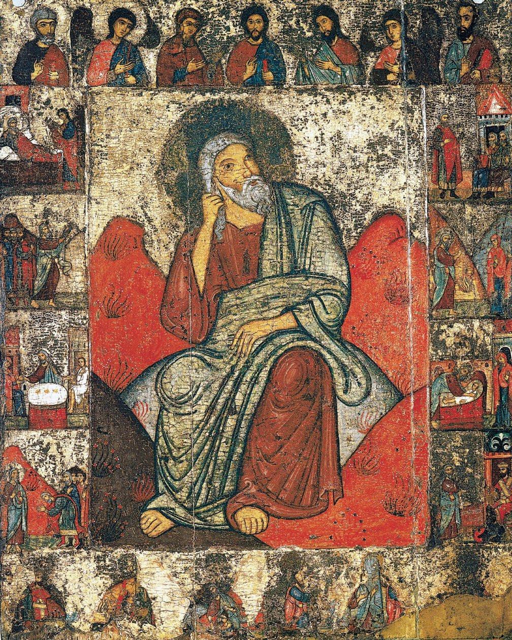 Profeten Elias i ørkenen med scener fra hans liv og Deesis, 13.- første tredjedel af 14. af Russian icon.