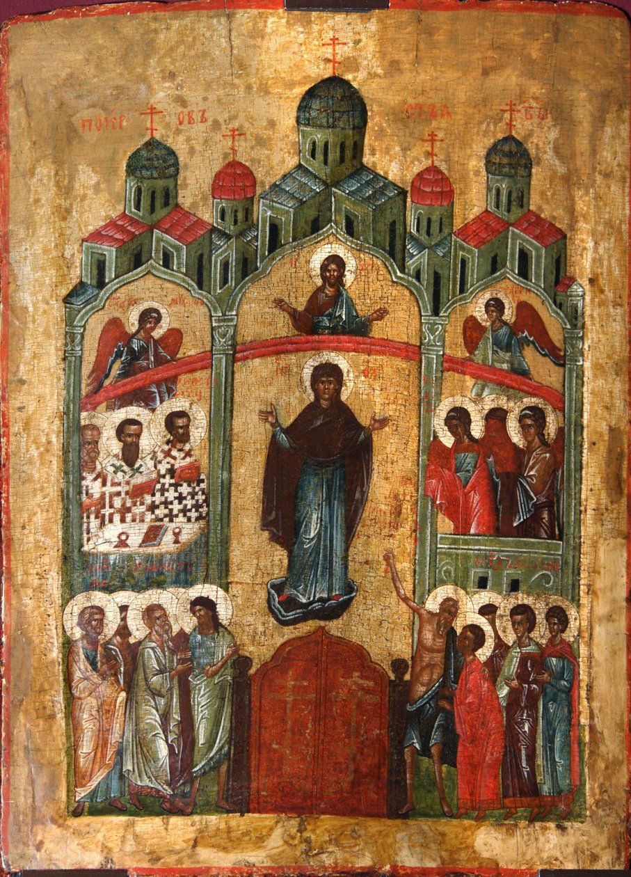 Beskyttelsen af Guds Moder Pokrov, begyndelsen af det 15. århundrede. af Russian icon.